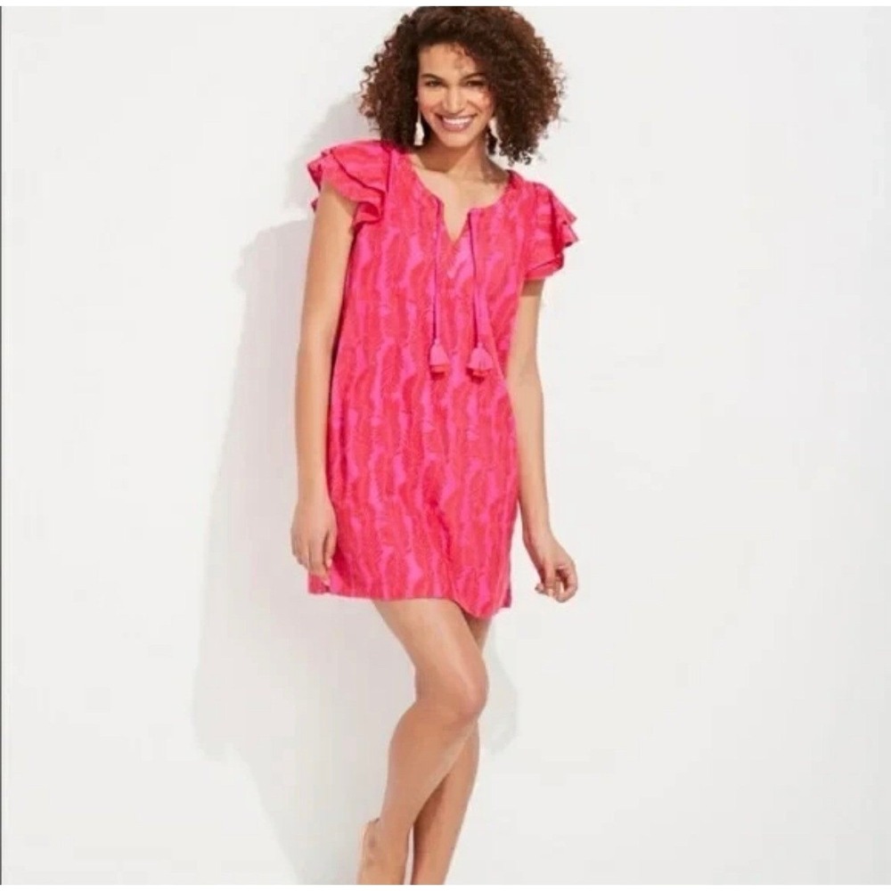 NEW Vineyard Vines Pink Embroidered Feather Tassel V Neck Mini Dress Women's XS - Picture 4 of 4